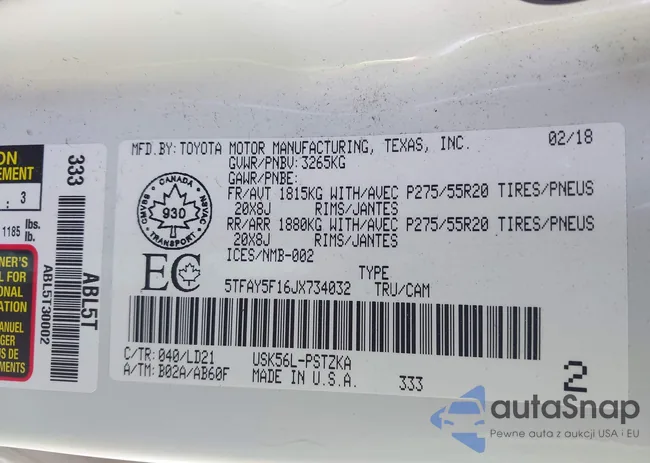 5TFAY5F16JX734032: 43223535