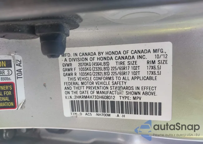 2HKRM4H73DH608012: 43225015