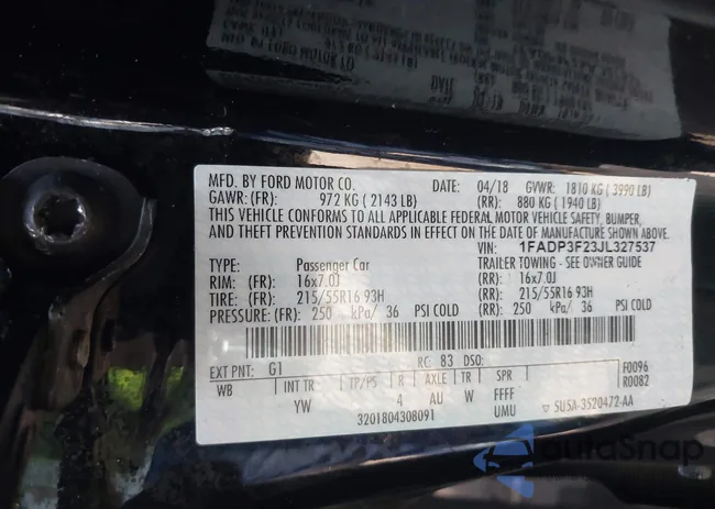 1FADP3F23JL327537: 43225020