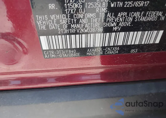 2T3H1RFV2KW038786: 43225741