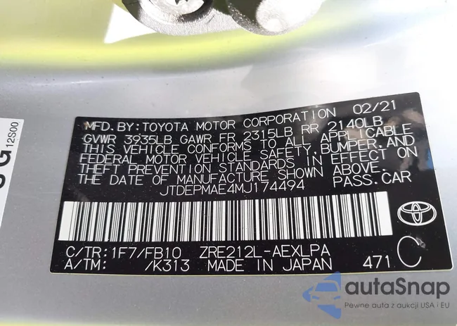 JTDEPMAE4MJ174494: 43225845