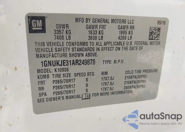 1GNUKJE31AR249870: 43227087