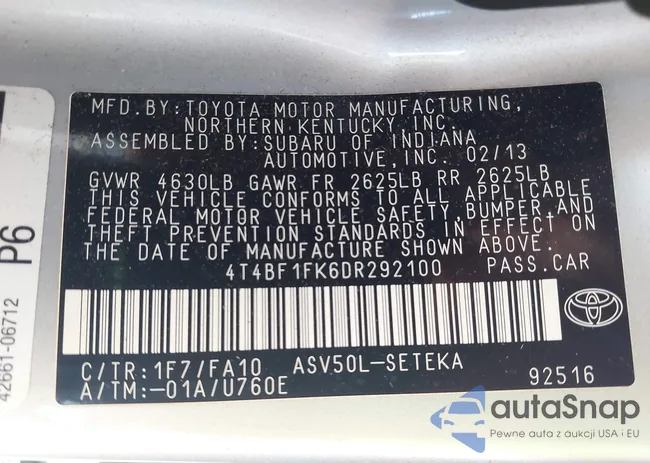 4T4BF1FK6DR292100: 43227405