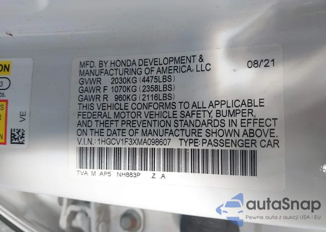 1HGCV1F3XMA098607: 43227425