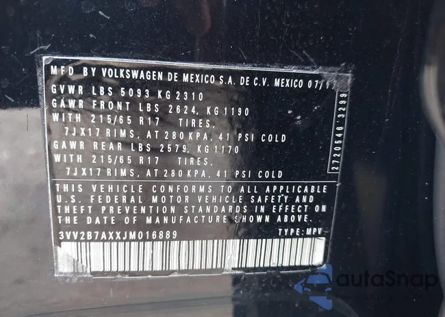 3VV2B7AXXJM016889: 43226634