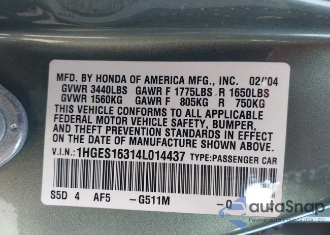 1HGES16314L014437: 43228564