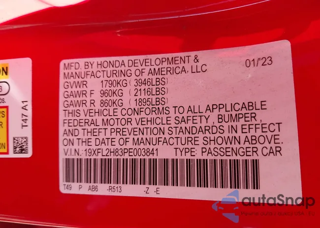 19XFL2H83PE003841: 43229876