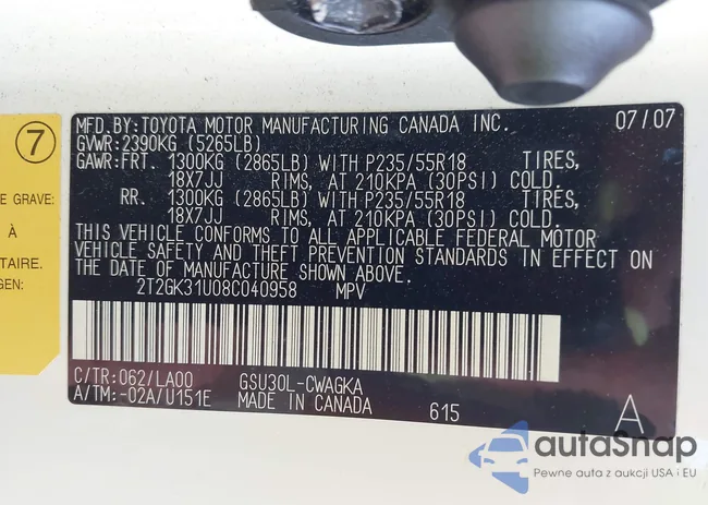 2T2GK31U08C040958: 43229999