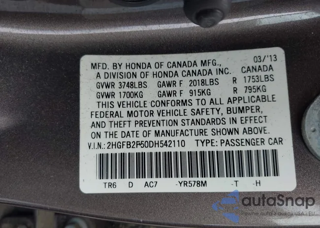 2HGFB2F50DH542110: 43231278