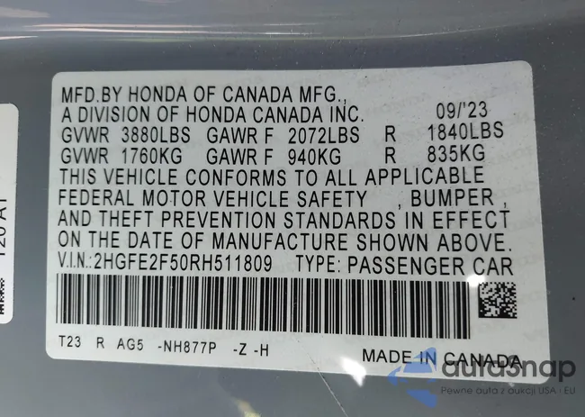 2HGFE2F50RH511809: 43231449