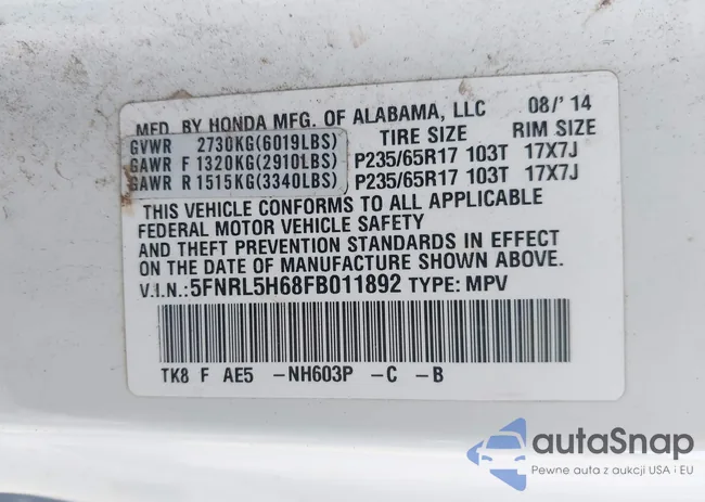 5FNRL5H68FB011892: 43231897