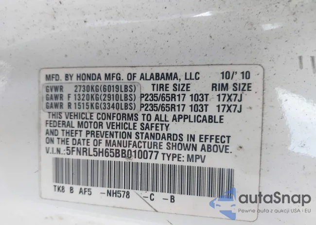 5FNRL5H65BB010077: 43231734