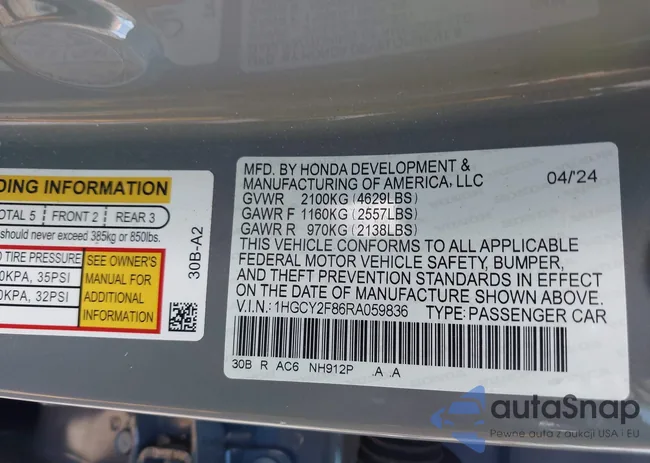 1HGCY2F86RA059836: 43232875