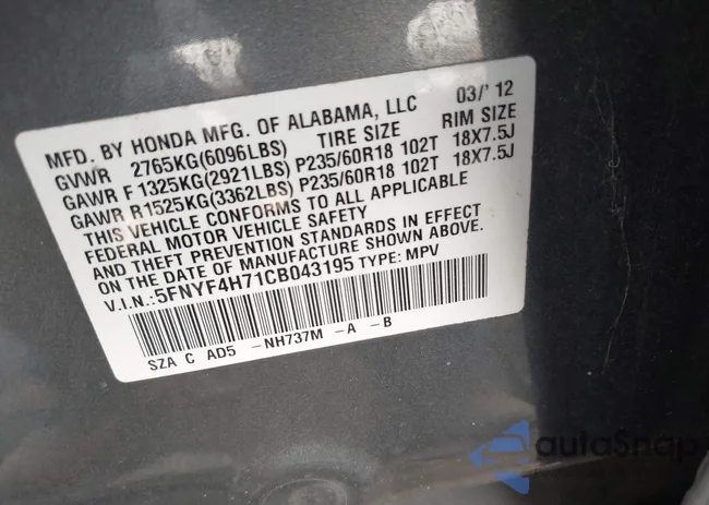 5FNYF4H71CB043195: 43233345