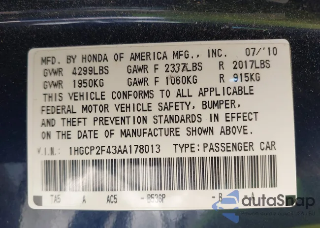 1HGCP2F43AA178013: 43233388