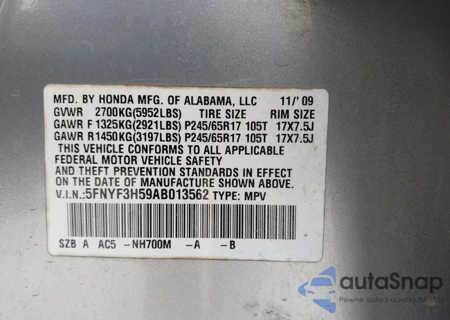 5FNYF3H59AB013562: 43233421