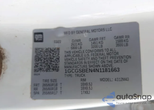 1GCGSBEN4N1181663: 43234903