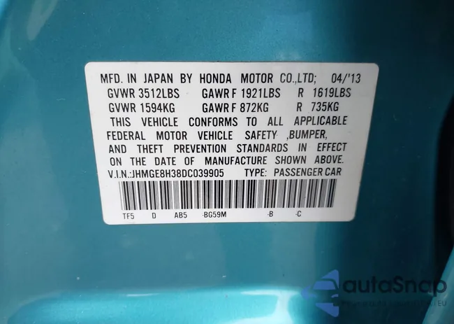 JHMGE8H38DC039905: 43234562