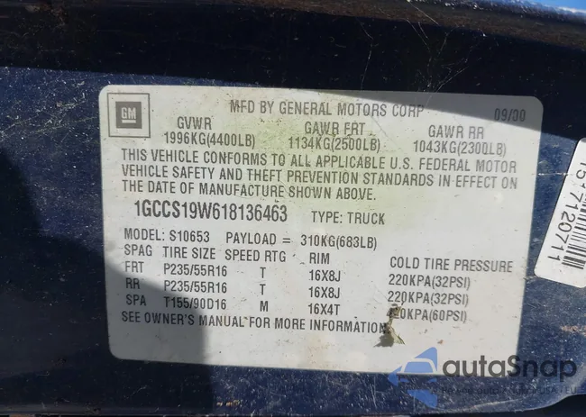 1GCCS19W618136463: 43234675