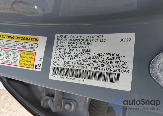 1HGCV1F38NA073643: 43234678