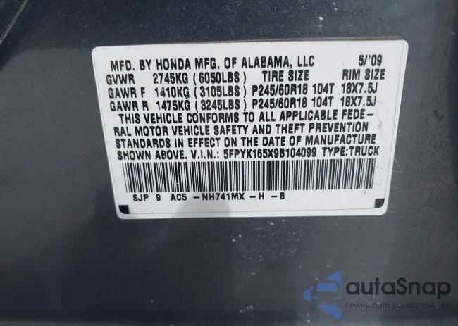 5FPYK165X9B104099: 43235779