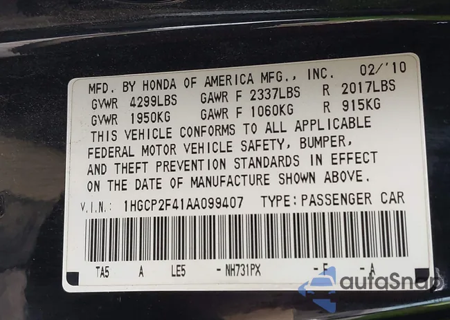 1HGCP2F41AA099407: 43237302