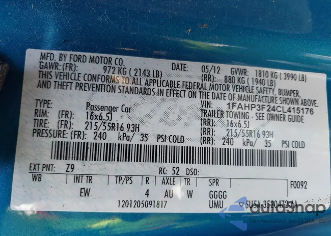 1FAHP3F24CL415176: 43236789