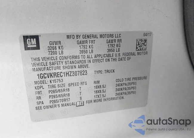 1GCVKREC1HZ307823: 43237617