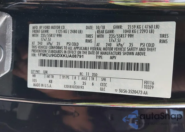 1FMCU9GDXKUA08791: 43239982