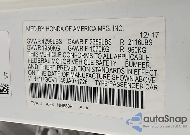 1HGCV1F49JA071726: 43240139