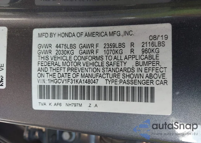 1HGCV1F31KA148047: 43240441