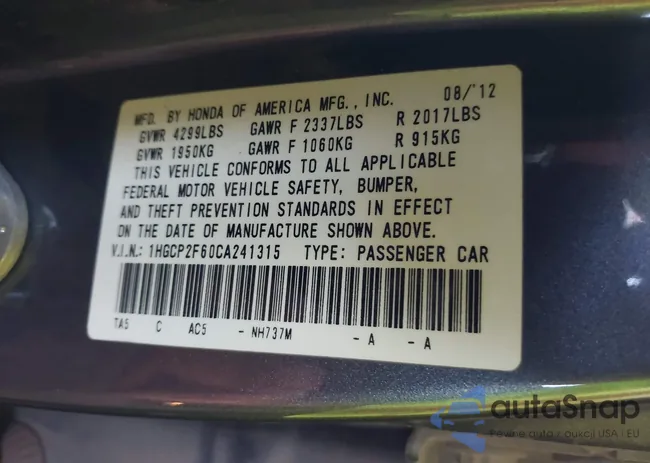 1HGCP2F60CA241315: 43241193