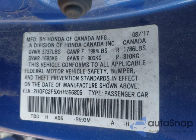 2HGFC2F5XHH566806: 43240564