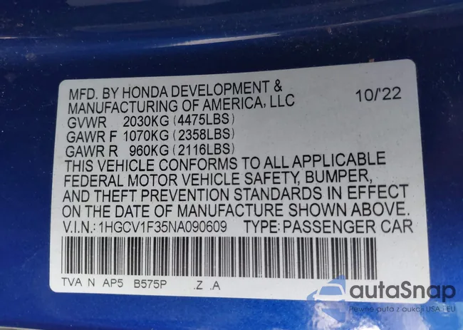 1HGCV1F35NA090609: 43241690