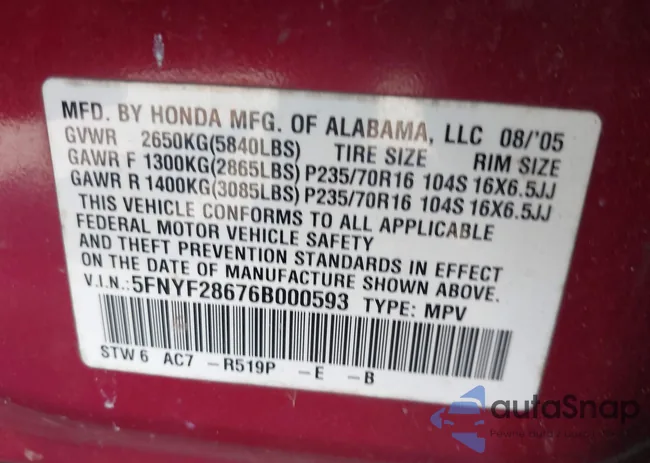 5FNYF28676B000593: 43244335