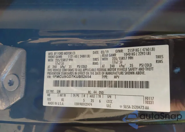 1FMCU9GD7KUB52654: 43245346