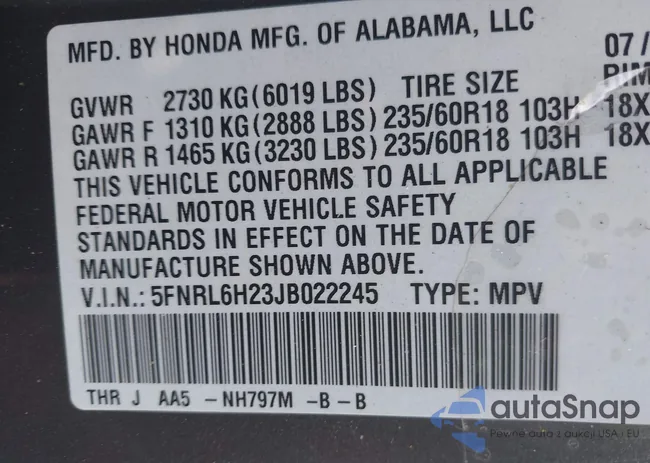 5FNRL6H23JB022245: 43246123