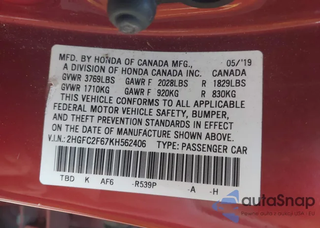 2HGFC2F67KH562406: 43245474