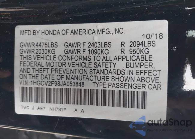 1HGCV2F98JA053848: 43246522