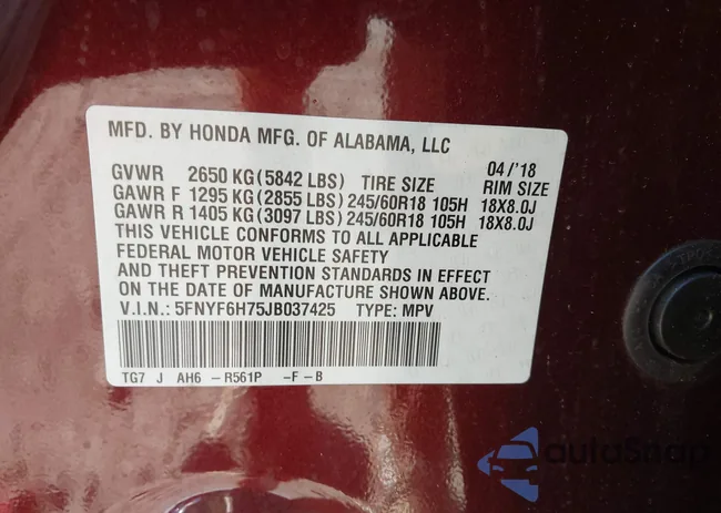 5FNYF6H75JB037425: 43248958