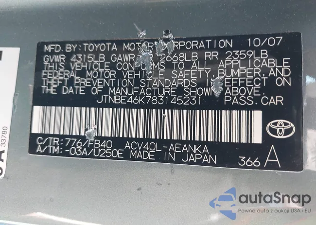 JTNBE46K783145231: 43249300