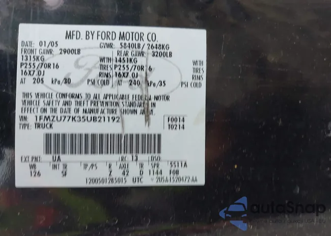 1FMZU77K35UB21192: 43249339