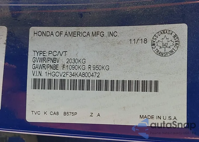 1HGCV2F34KA800472: 43248519