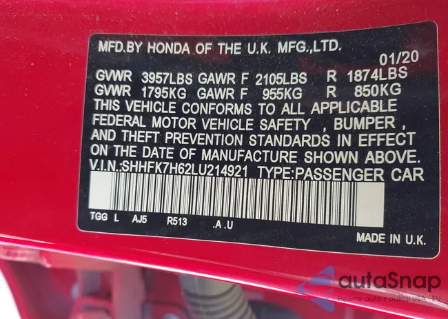 SHHFK7H62LU214921: 43248650