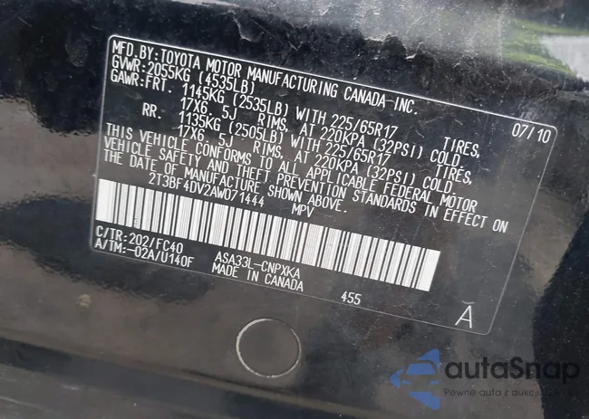 2T3BF4DV2AW071444: 43248800