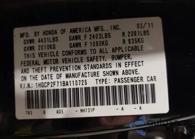 1HGCP2F71BA110725: 43250135