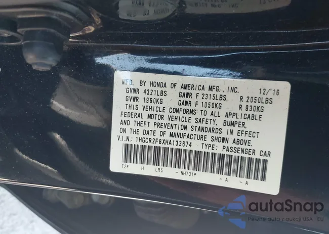 1HGCR2F8XHA133674: 43250422