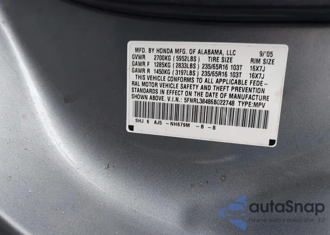 5FNRL38486B022748: 43249535