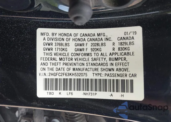 2HGFC2F63KH532075: 43250989