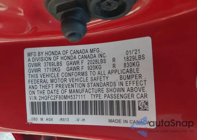 2HGFC2F80MH537111: 43251401